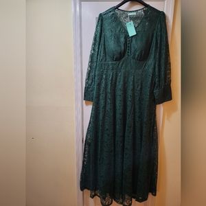 Plus size V neck puffed sleeve lace dress